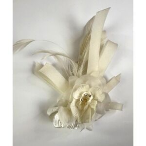 Vintage Handmade Bridal Hair Clip by Nancy Shefts Ivory Flower Feather Wedding